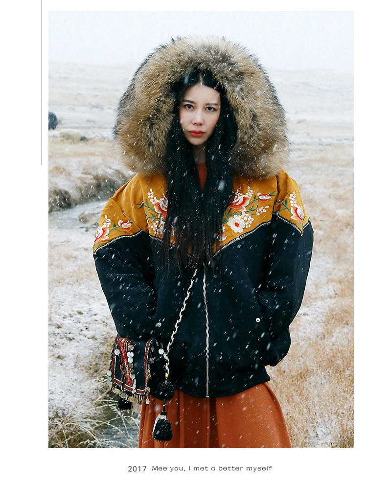 Магазин Джессики MX дизайн для женщин зимние винтажные повседневные свободные большой натуральный мех енота Вышивка Лоскутное теплое короткое пальто