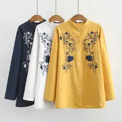 Повседневные блузки размера плюс, осень 2019, женские модные свободные хлопковые льняные рубашки с длинным рукавом, K93-019
