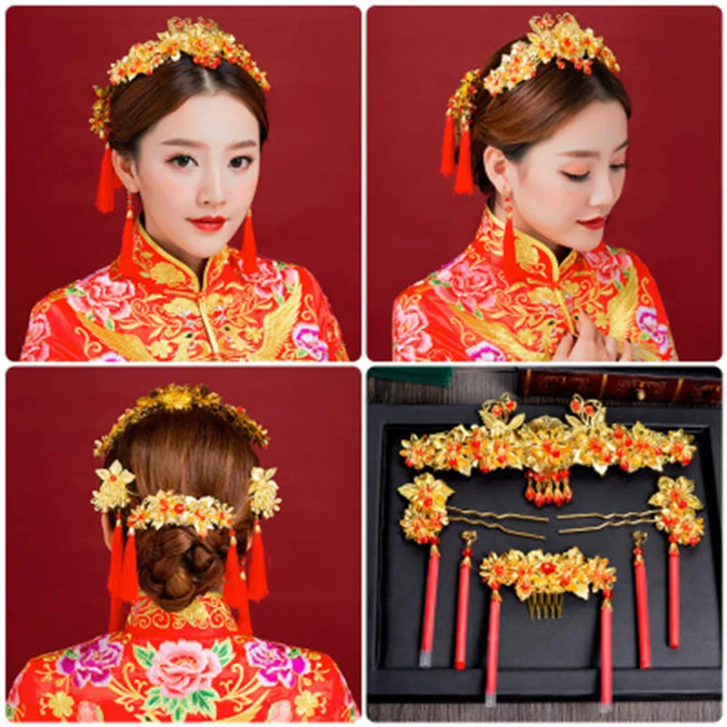 Традиционные китайские аксессуары для волос, винтажный китайский головной убор, золотые китайские украшения для волос, свадебная корона, украшение - Окраска металла: L