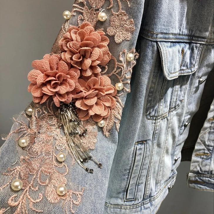 discount 2019 Denim Jacket Women Embroidery Three Dimensional Flowers Pearl Bead Short Denim Coat Woman Jean