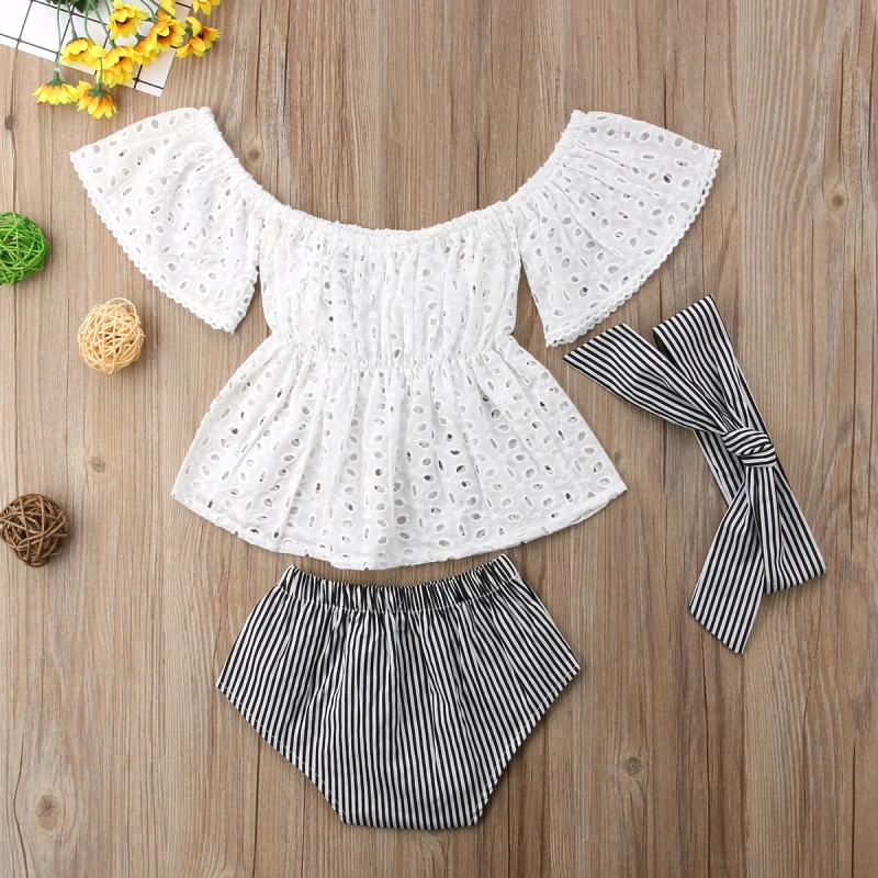 Baby Girl Off Shoulder Lace Tops Short Sleeve Hole Shirt Stripe Shorts Briefs Headband 3pcs Outfit Clothes Summer Set