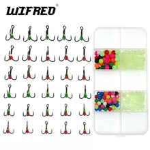 Wifreo 30+200 Box Set UV Glo Sharp Tip Treble Hook Jig for Ice Fishing Lure Spare Hooks With Plastic Fishing Bead Winter Fishing