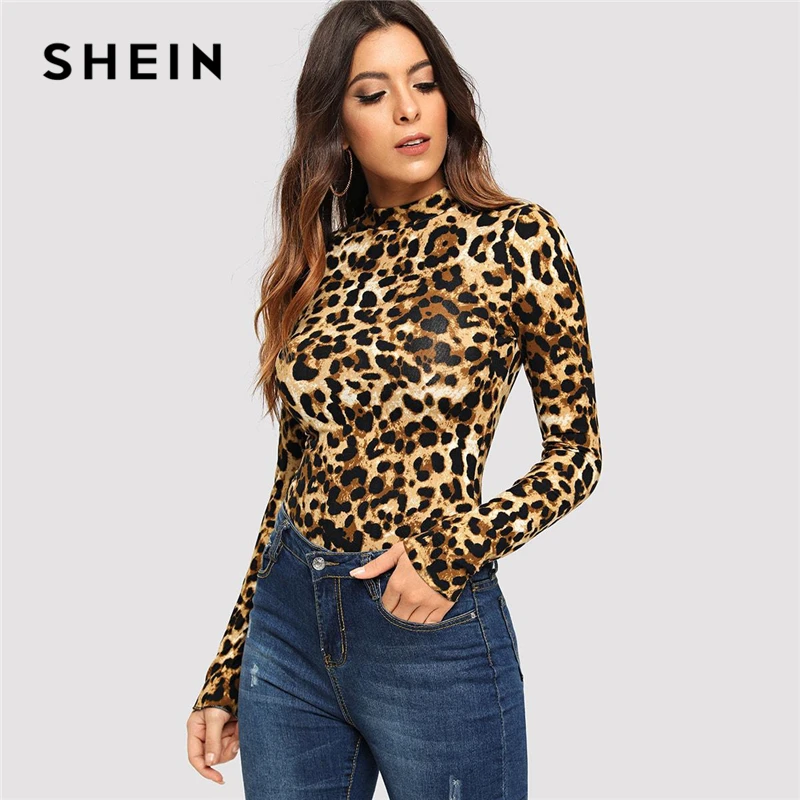 Download SHEIN Multicolor Leopard Print Mock Tee Stand Collar Long ...