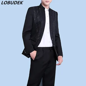 

Men's Black Crystals Blazers Pants 2 Pieces Wedding Suits Male Singer Chorus Stylish Slim Set Host Stage Costume Party Show Suit