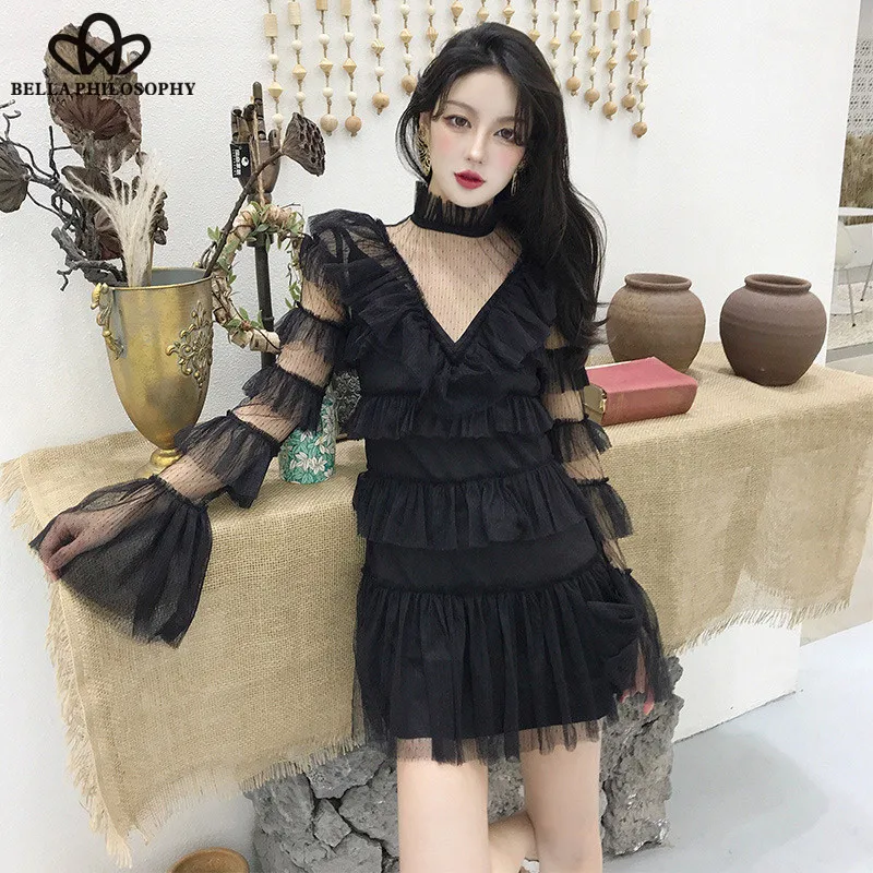 Mesh Patchwork Mini Dress Vintage Women V Neck Flare Sleeve Perspective Sexy Party Dress Female Ruffles Dress Vestidos Wonder