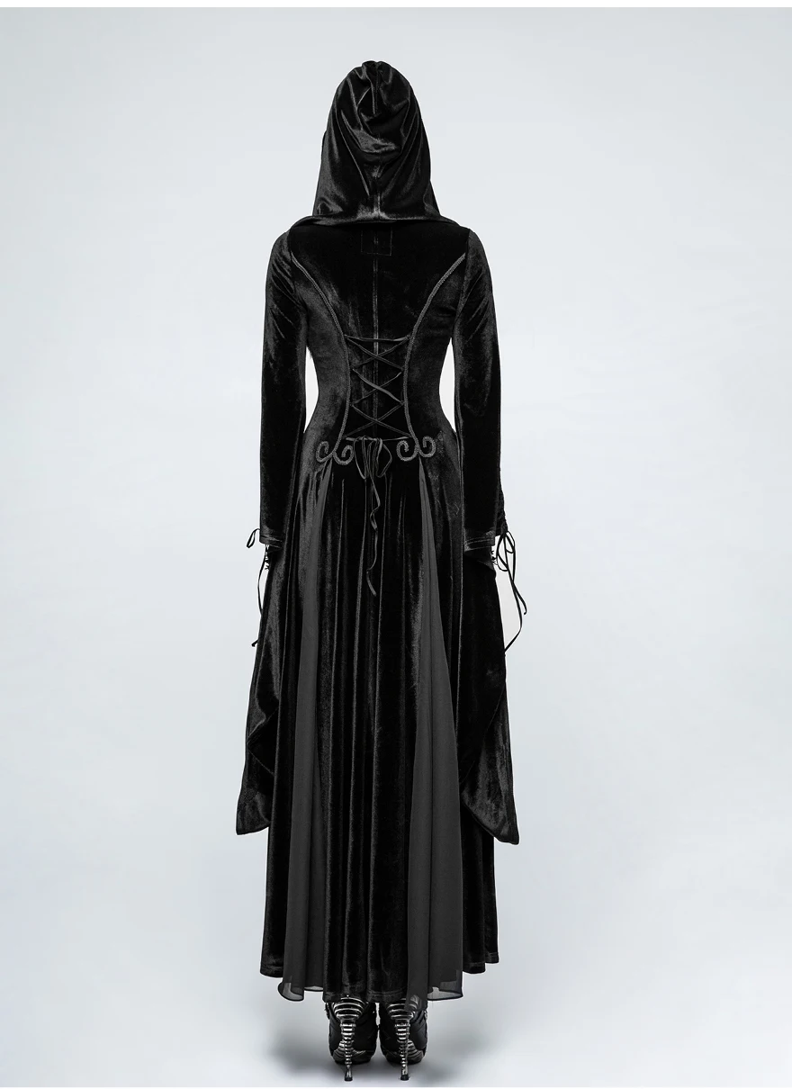 Punk Rave Gothic Embroidery Wide Sleeve Women Long Black Velvet