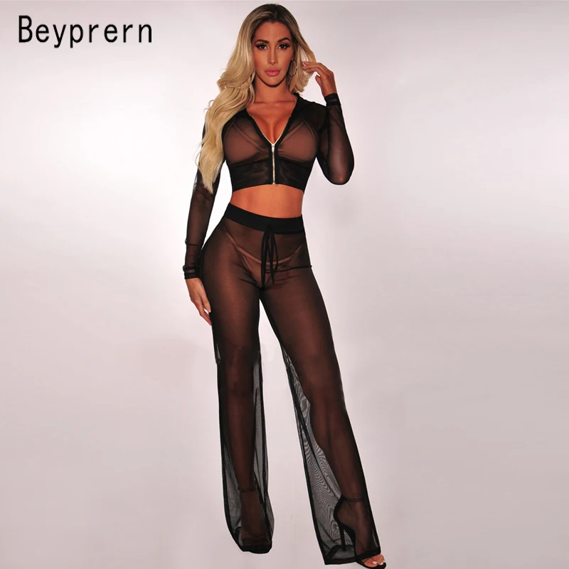 

Beyprern Womens See Though Sheer Mech Cover up Hoodies Crop Top Pants Set 2 Piece Outfits Summer Sey Mesh Pants Suits Beach Sets