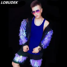 Черная сетчатая прозрачная куртка фиолетовые пайетки брюки мужские костюмы Tide Мужской певец одежда для ночного клуба хип хоп Рок танцор костюм