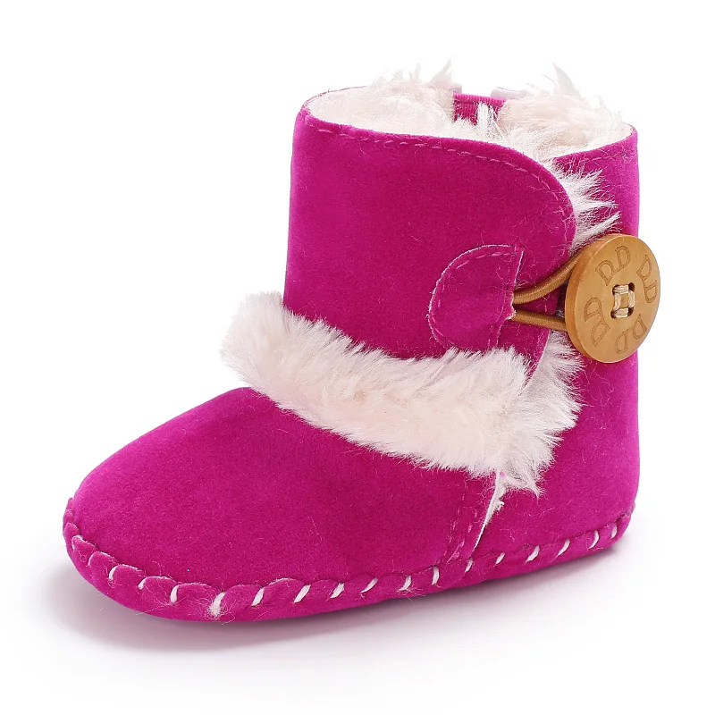 Модные детские ботинки на мягкой подошве с мехом, сохраняющие тепло, одноцветная обувь из искусственной кожи с мехом для новорожденных, нескользящая обувь для 0-18 месяцев - Цвет: rose red