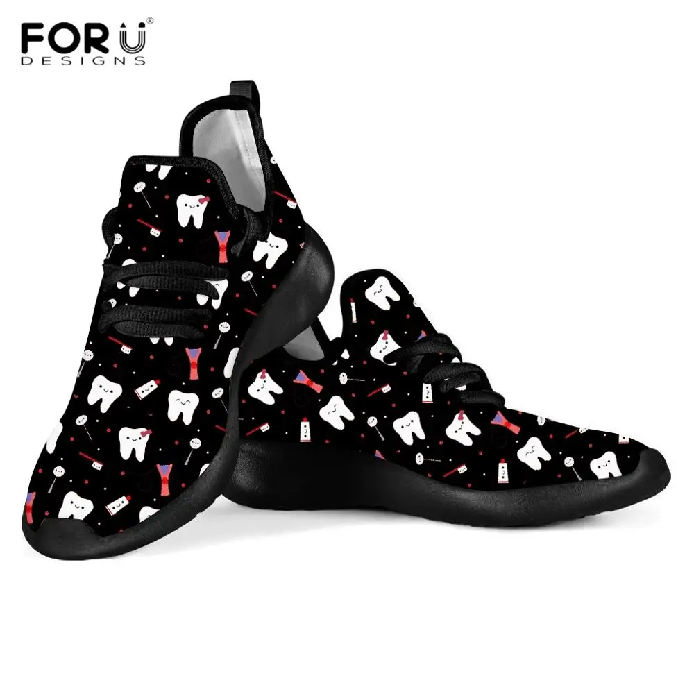 

FORUDESIGNS Casual Woman Spring/Autumn Mesh Knit Sneakers Funny Cartoon Tooth/Dentist Print Black Flat Shoes Breathable Footwear