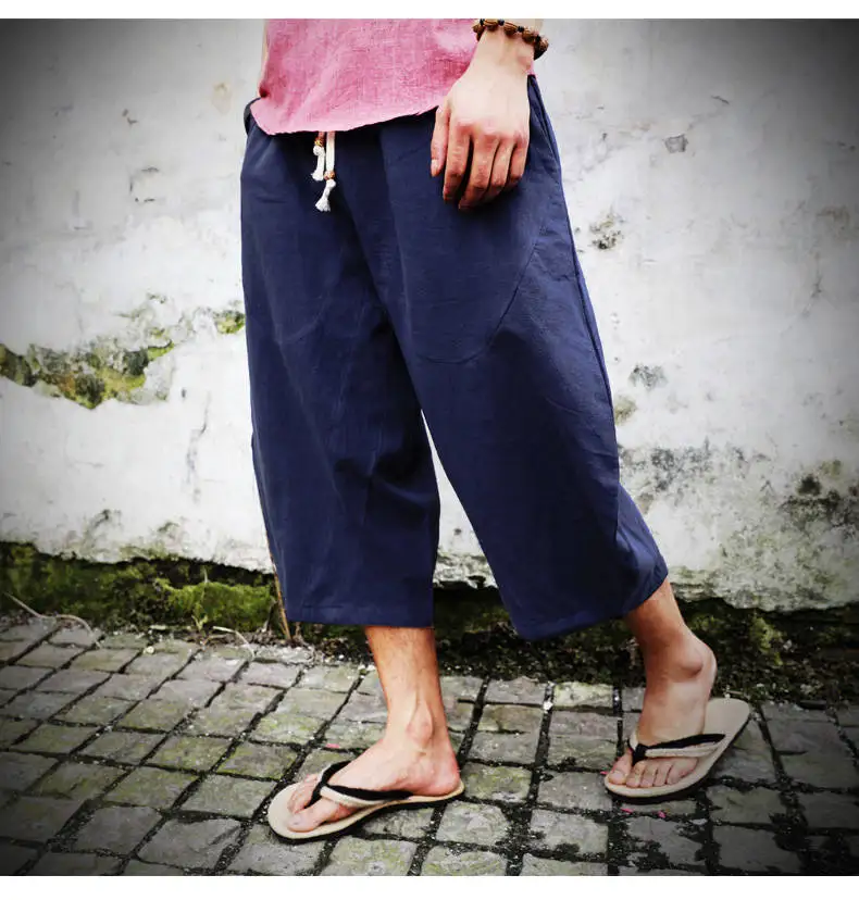 Men Pants Men's Wide Crotch Harem Pants Loose Large Cropped Trousers Wide-legged Bloomers Chinese Style Flaxen Baggy Pants