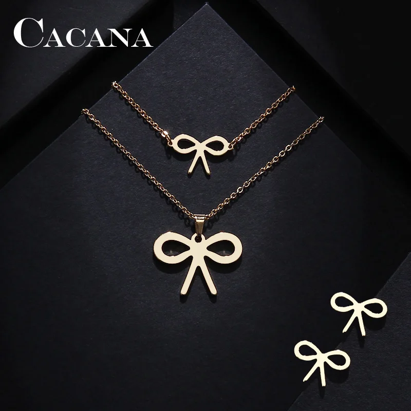 CACANA Stainless Steel Sets For Women Bowknot Shape Necklace Bracelet Earring Jewelry Lover's Engagement Jewelry S439