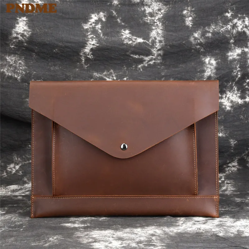 

PNDME retro simple genuine leather men's clutch bag casual crazy horse cowhide 9 inch ipad bag phone bag big envelope bag