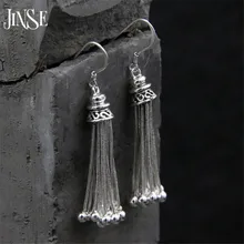 JINSE S925 Pure Silver Long Tassel Earrings for Women Bohemian Lovely Bead Charms Earring Fashion Jewelry Bijoux Femme