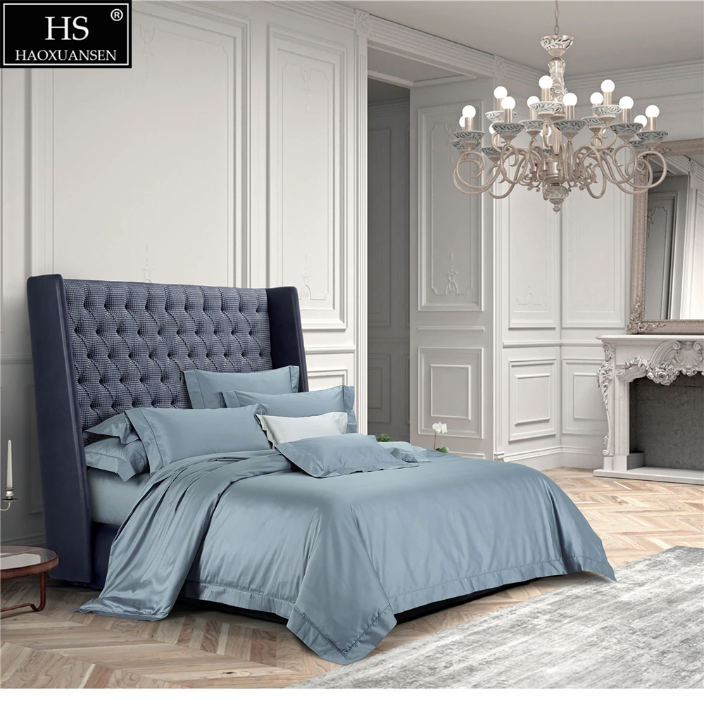 120s Egyptian Cotton Light Blue Luxury Royal Bedding Set 4pcs King