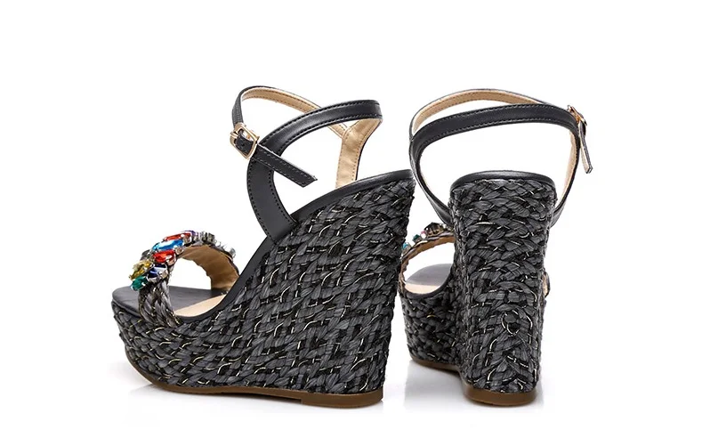 25_Summer Womens Black Buckle Sandals Fashion Elegant Silver Rhinestone Shoes Wedding Bridal High Heel Platform Wedges