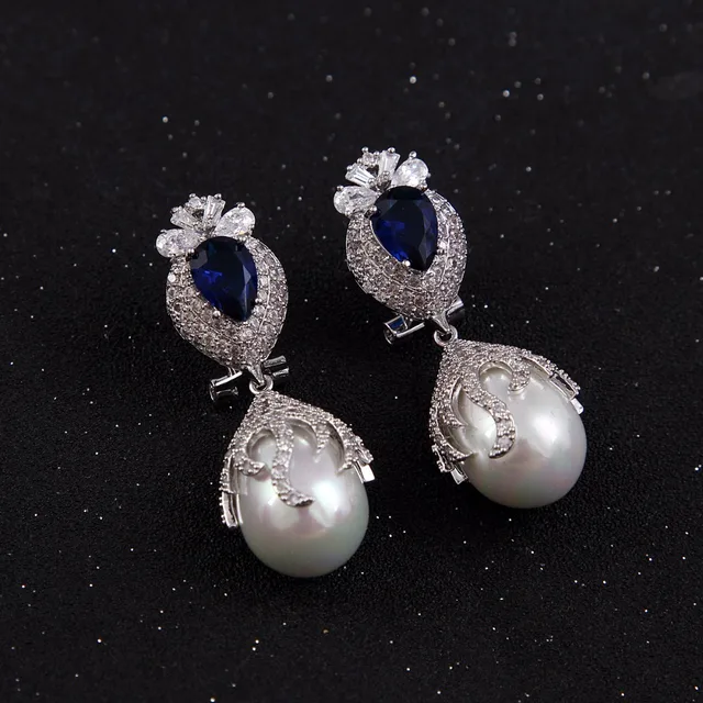Luxury Cz Diamond Pave Hanging Vintage Bridal Long Drop Pearl Luxury Cz Diamond Pave Hanging Vintage Bridal Long Drop Pearl Earrings For Wedding Brides Jewelry