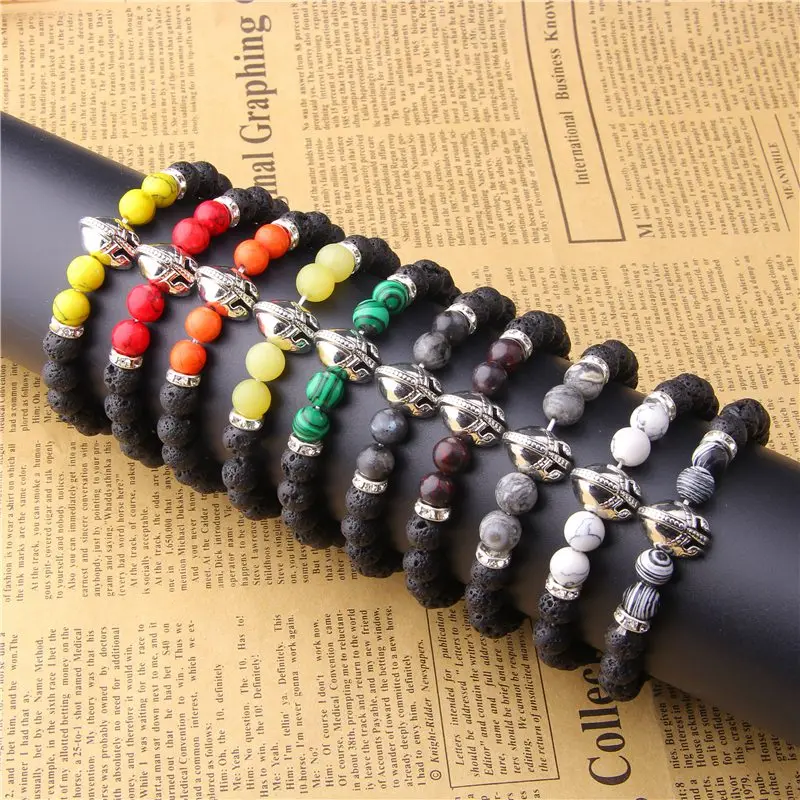 

Natural Volcanic Stone Helmet Gladiator Charm Elastic Bracelet Spirit of Sparta Red Turquoises Bracelet Man's & Woman's Gifts