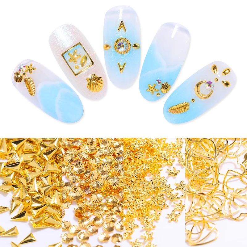 

3D Nail Rivet Studs Acrylic Mixed Size Gold Color Hollow Star Moon Heart Multi-shaped Nail Art Decorations Tools