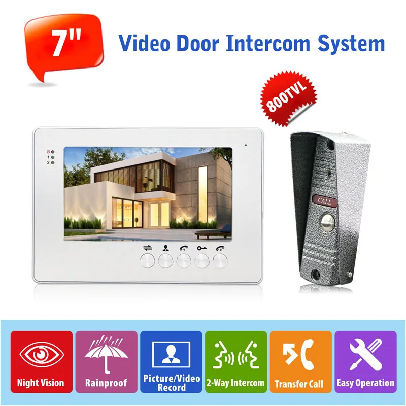 

Home Security System Door Access Control 7" LCD Display Video Doorbell Doorphone 800TVL Night Vision Outdoor Camer with Rain Cap