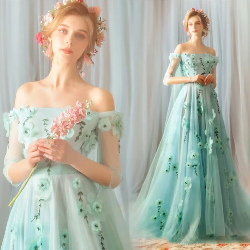 Light Green Prom Party Dresses 2019 Evening Gown Long Petal Flowers ...