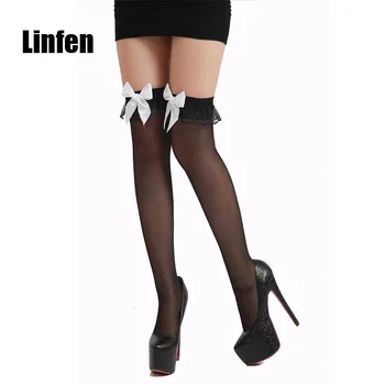 

Sexy Fashion Women Lace Top Stay Up black sheer Thigh High over knee Stockings Summer Pantyhose with white bowknot