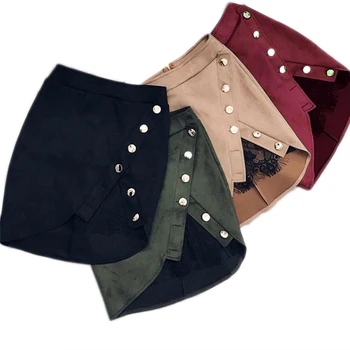 

New fashion Women Ladies High Waist Pencil Skirts button lace patchwork sexy Bodycon Suede Leather split party casual Mini Skirt