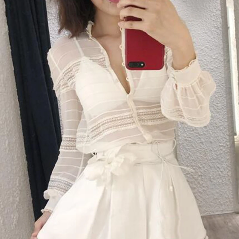 

2018 Fall Women Lace Patchwork White Shirts Designer Sexy Transparent Tops