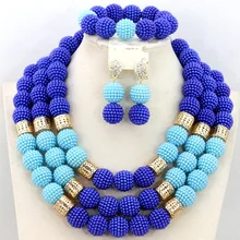Royal Blue/Sky Blue Costume African Balls Gold Plated Jewelry Set Nigerian Wedding Indian Bridal Beads Necklace Set AIJ362