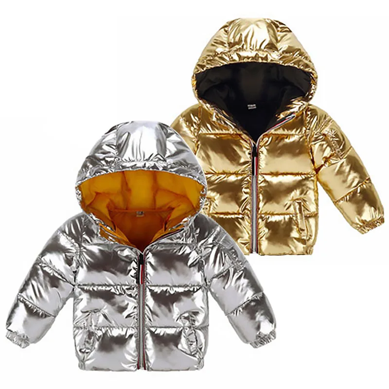 Детская модная зимняя куртка; детское повседневное пальто с капюшоном для мальчиков и девочек; Цвет серебристый, золотой; одежда для малышей; Верхняя одежда; детская парка; куртка; зимний комбинезон