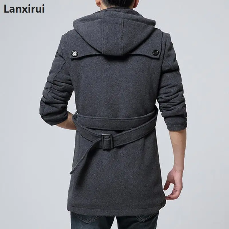 incredible  Winter Mens Hooded Wool Coat Men Single Breasted Thicken Velvet Warm Long Overcoat Male Long Woolen