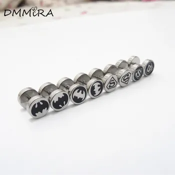 

Fashion Punk Barbell Earrings Color Stainless Steel Round Skull Superman Batman Barbell Stud Earrings Jewelry For Men Women