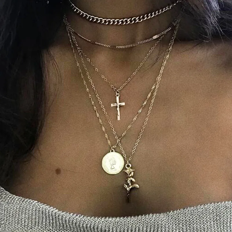 

European Boho Multilayer Cross Rose Flower Pendant Necklaces for Women Bohemian Vintage Moon Geometric Necklace Jewelry YN452