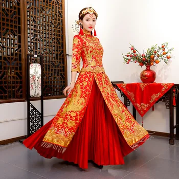 

Female Embroidery Qipao Chinese Bride Dragon&Phoenix Wedding Dress Floor Length Asian Marriage Cheongsam Suit Big Size XS-3XL