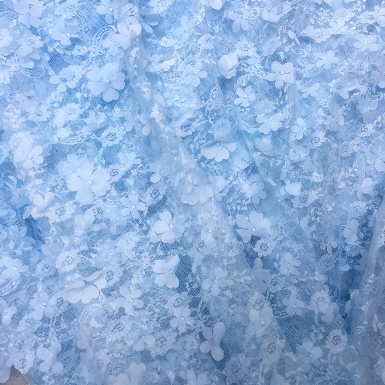 

Light blue and white three-dimensional flowers hollowed out lace fabric for clothing dress home decoration fabric