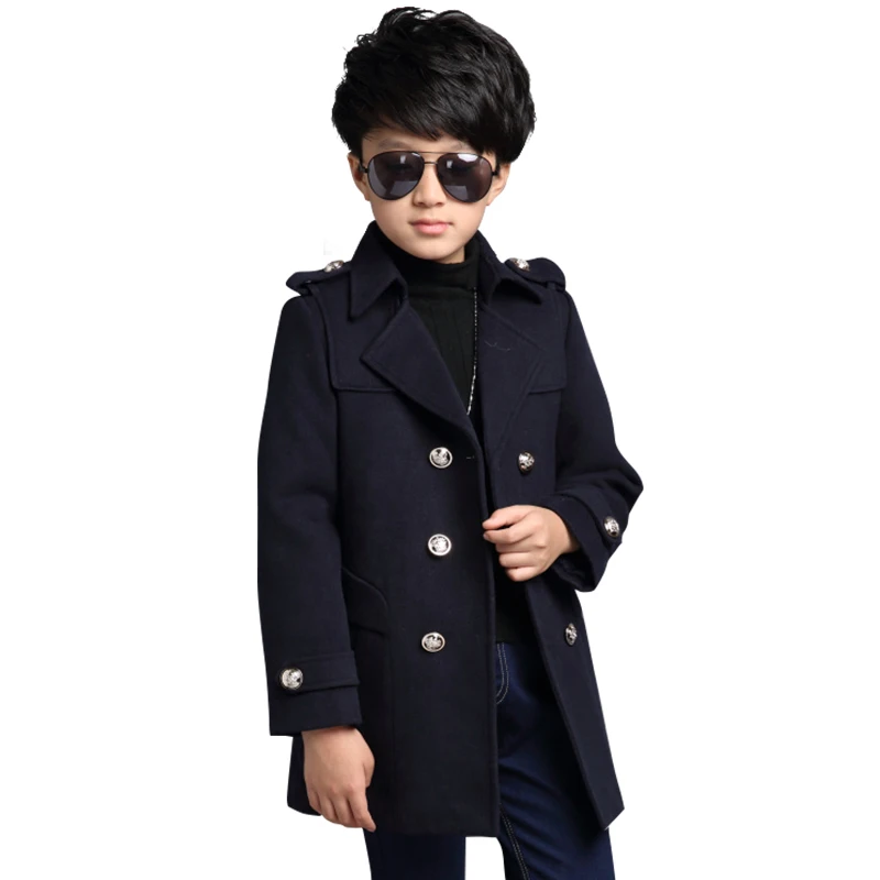 

Boys Casual Double Breasted Woollen Coat Outwears Winter Leisure Outerwear Student Teenager Thick Warm Wool Blends Coat Costume