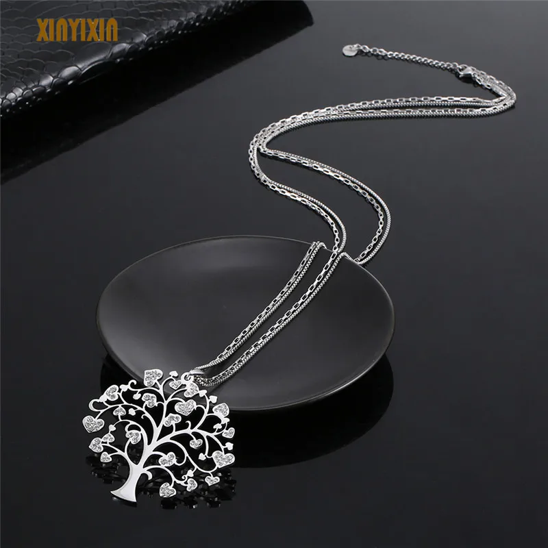 

Luxurious Silver Big Tree of Life Pendant Necklace for Women Style Stainless Steel Shiny Rhinestone Layered Long Necklace Gift