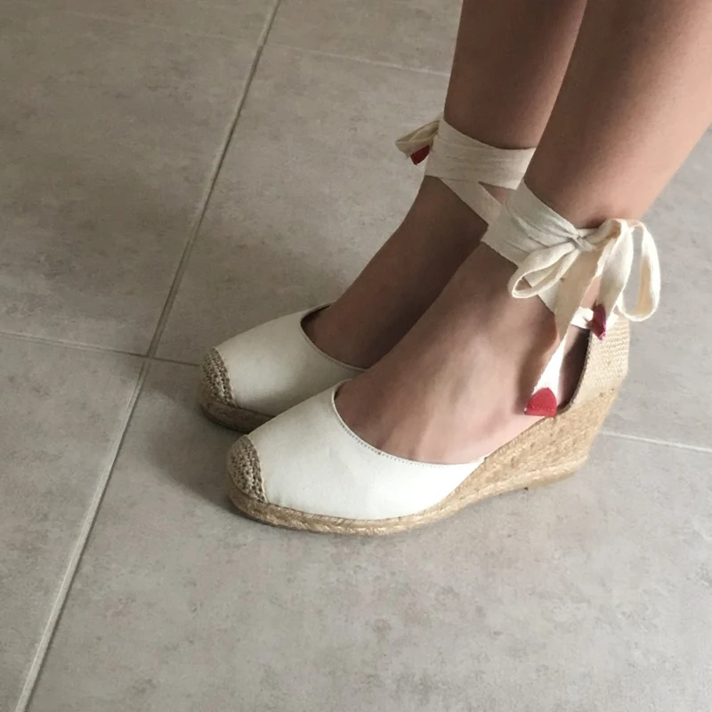 Women Ankle Strap Espadrilles Wedge Sandals 2018 Summer Canvas High Heel Fashion Lace up Women Platform Wedge Sandals Large Size (24)