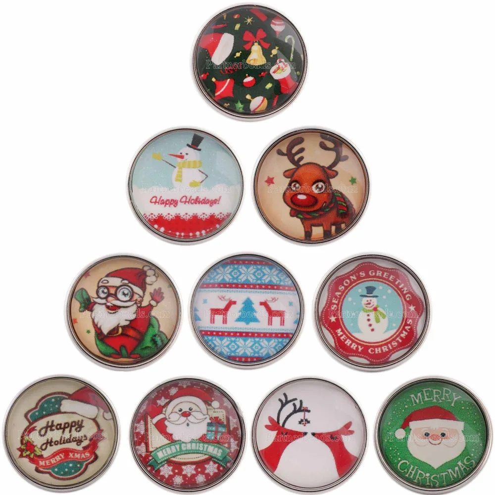 10pcs/lot New Fashion Christmas Snap Button 20mm Glass Printed Holiday
