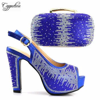 

Hot sale royal blue high heel sandal buckle shoes and evening bag set with nice rhinestones S1719 heel height 12.5cm