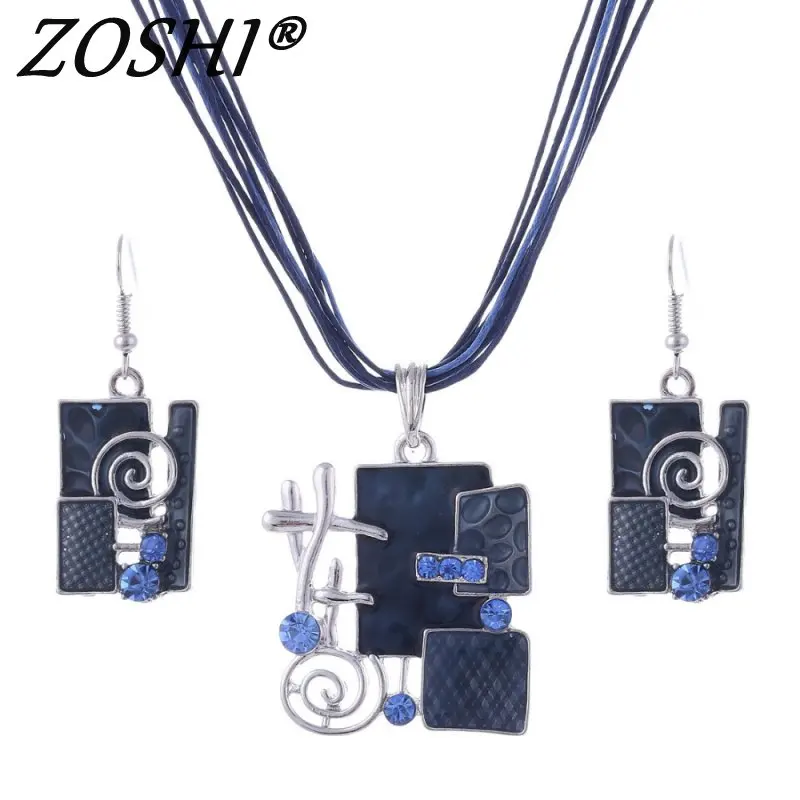 

Fashion African Gem Jewelry Set 2018 Leather Rope Chain Silver Pendant Necklace Earrings Bridal Jewelry Sets Summer Jewelry