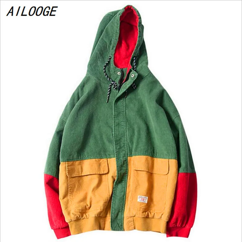 corduroy color block drawstring hooded jacket