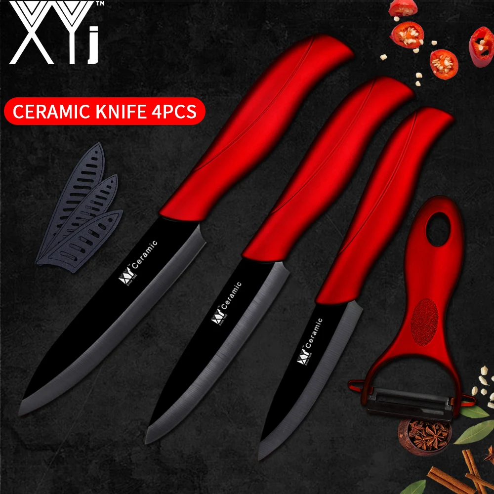 

XYj Ceramic Kitchen Knives Sets 3 4 5 Inch Paring Utility Slicing Knife + Ceramic Peeler Finest Black Blade Wave Handle Knives