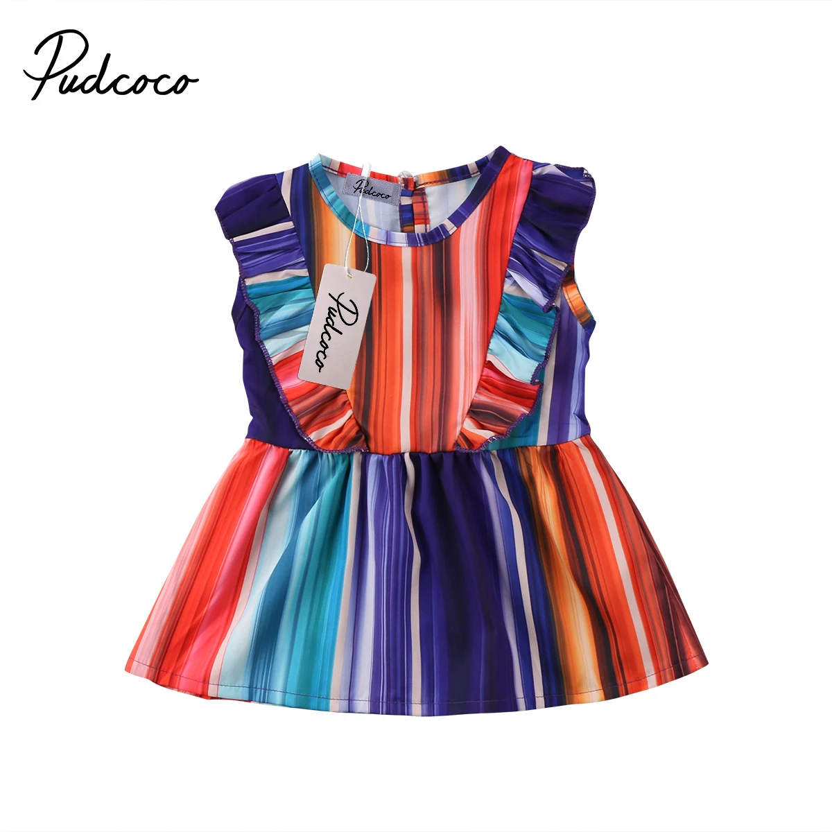 

Helen115 Lovely Kids baby girl clothes Princess Rainbow Striped Sleeveless Dresses 1-6Years