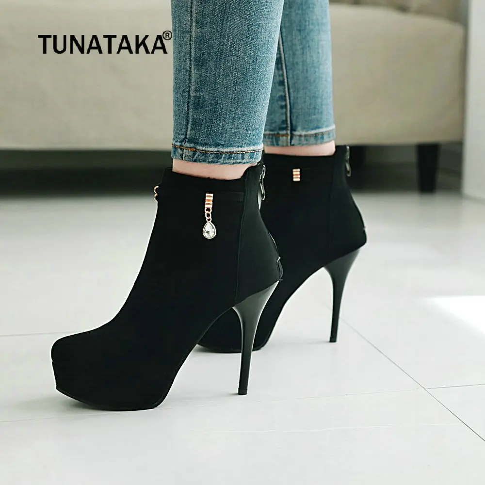 

Women Platform Boots Flock Sexy Thin High Heel Ankle Boots Zipper Winter Fashion Woman Shoes Plus Size 2018 New