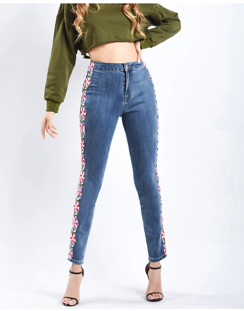YNZZU Цветочная вышивка женские джинсы брюки повседневные с высокой талией джинсы Femme синие джинсовые обтягивающие джинсы узкие брюки 2018 YB260