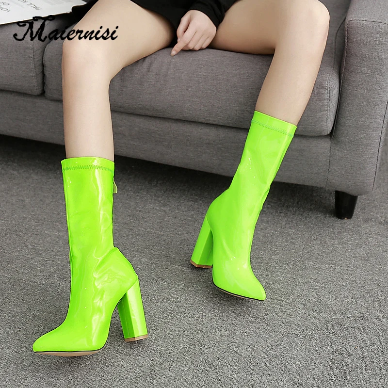 

MAIERNISI Ankle Elastic Boots Chunky High Heels Stretch Women Autumn Sexy Booties Pointed Toe ladies Pump Size 35-42