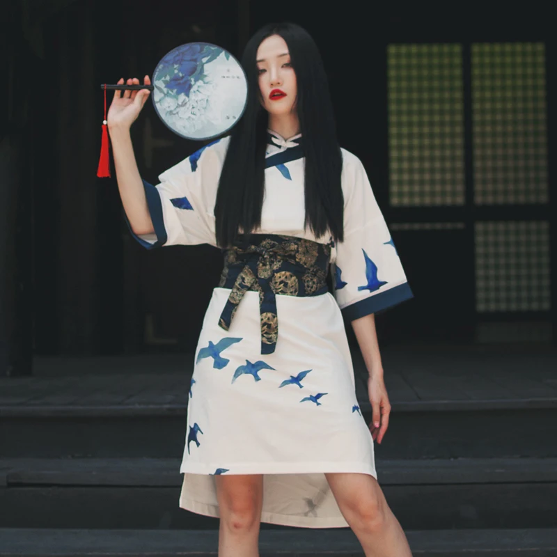 2018 японское кимоно стиль китайское улучшение Cheongsam свободная талия синие краны