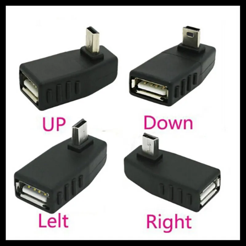 

fastshipping 100pcs USB Female to Mini USB Male 90 Degree Down right Angle Left Angle UP OTG Adapter for Car AUX Tablet Black Ri