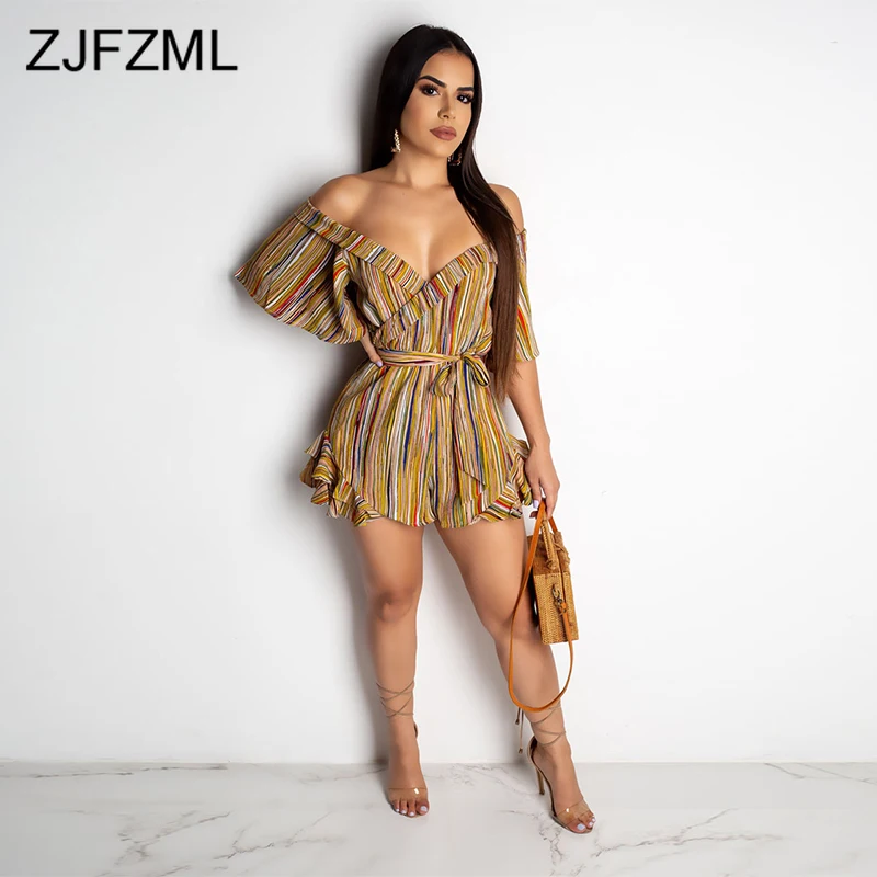 

Colorful Striped Sexy Beach Playsuit Women Deep V Neck Half Sleeve One Piece Overall Summer Off The Shoulder Backless Jumpsuit